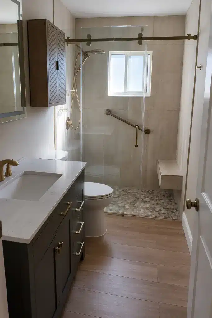 Dark vanity beside a toilet and glass-enclosed shower with beige tile, pebble floor, grab bar and bench.
