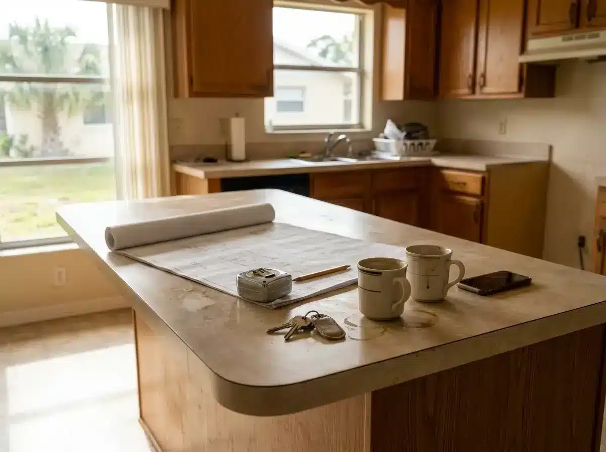 Kitchen island with architectural blueprints, two ceramic mugs, and keys on the countertop